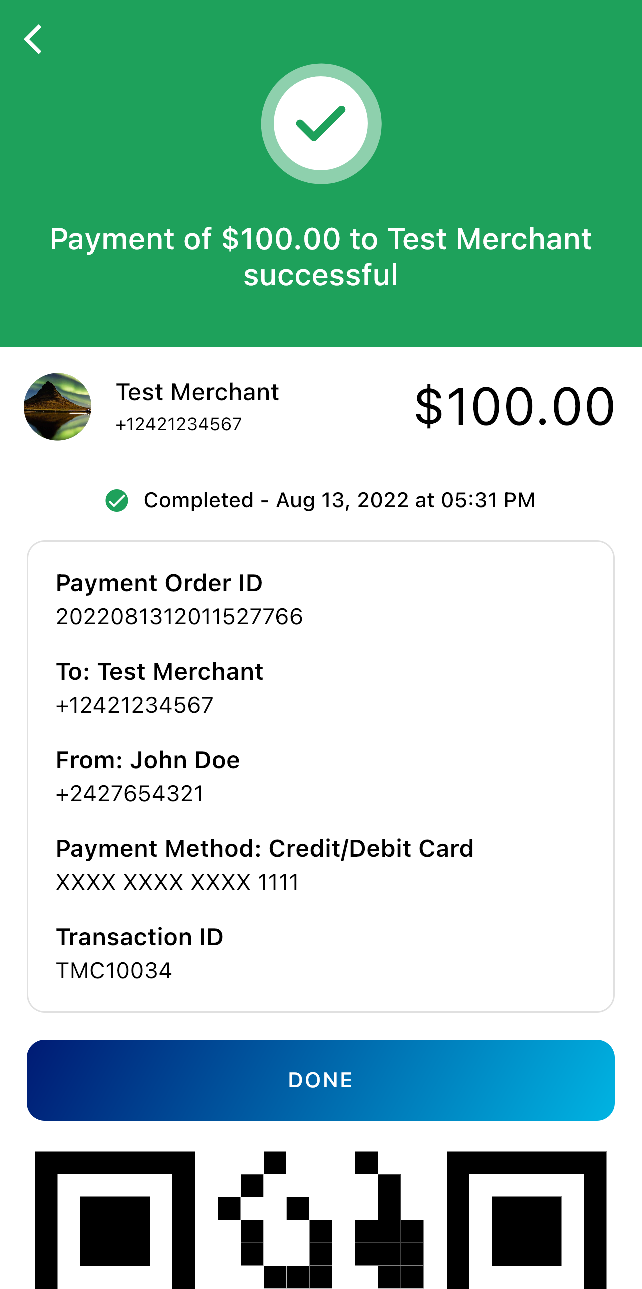 A successful personal transaction screen on PayMeSimple